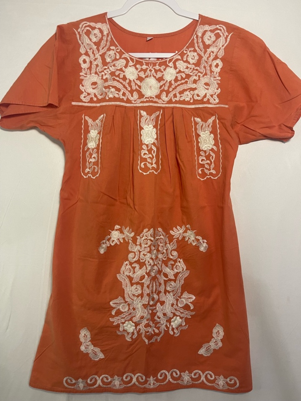 Boho Embroidered Peasant Dress 🌿 Orange Cotton Floral Tunic Small